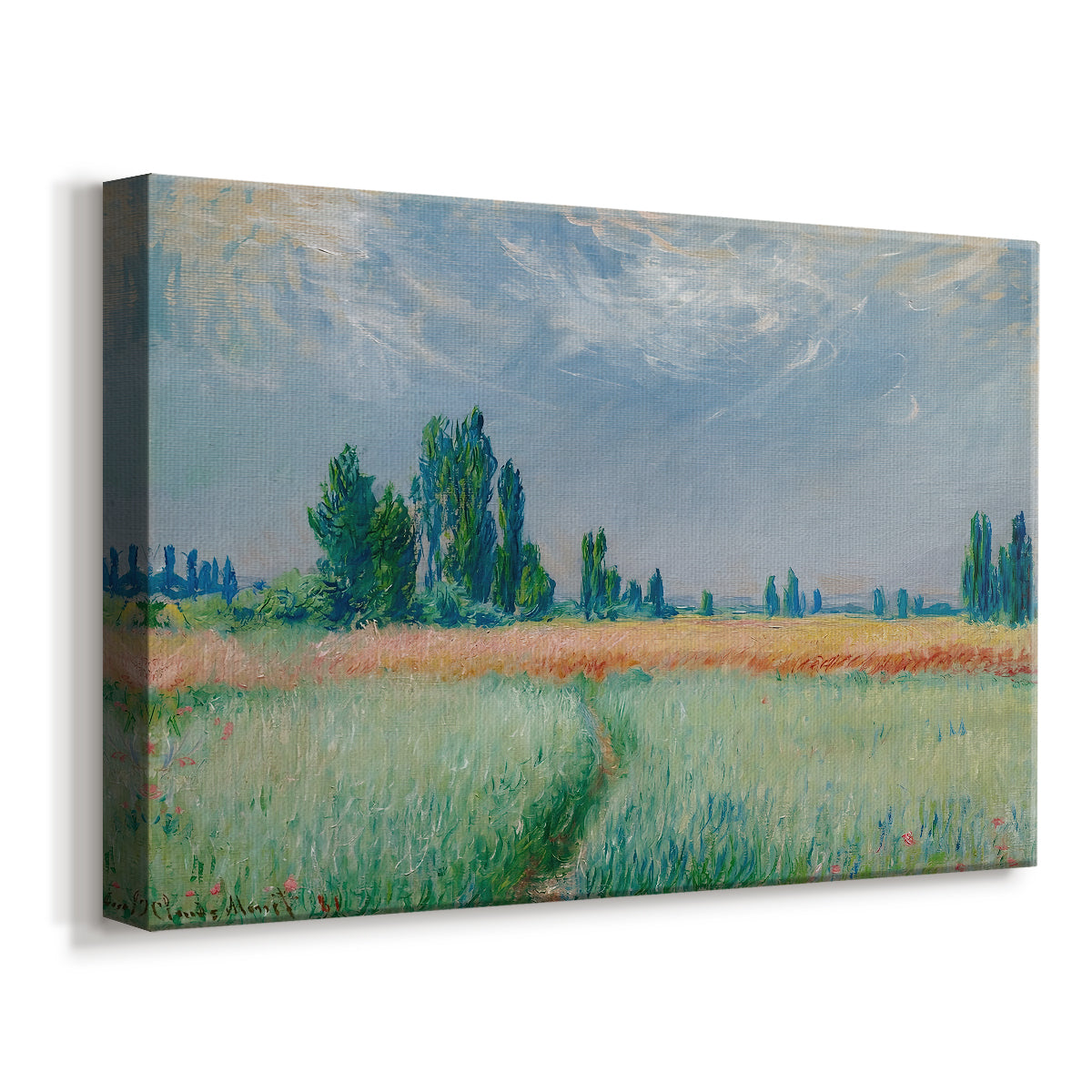 Canvas art print featuring an impressionist depiction of ripened grain field in countryside, displayed at an angle