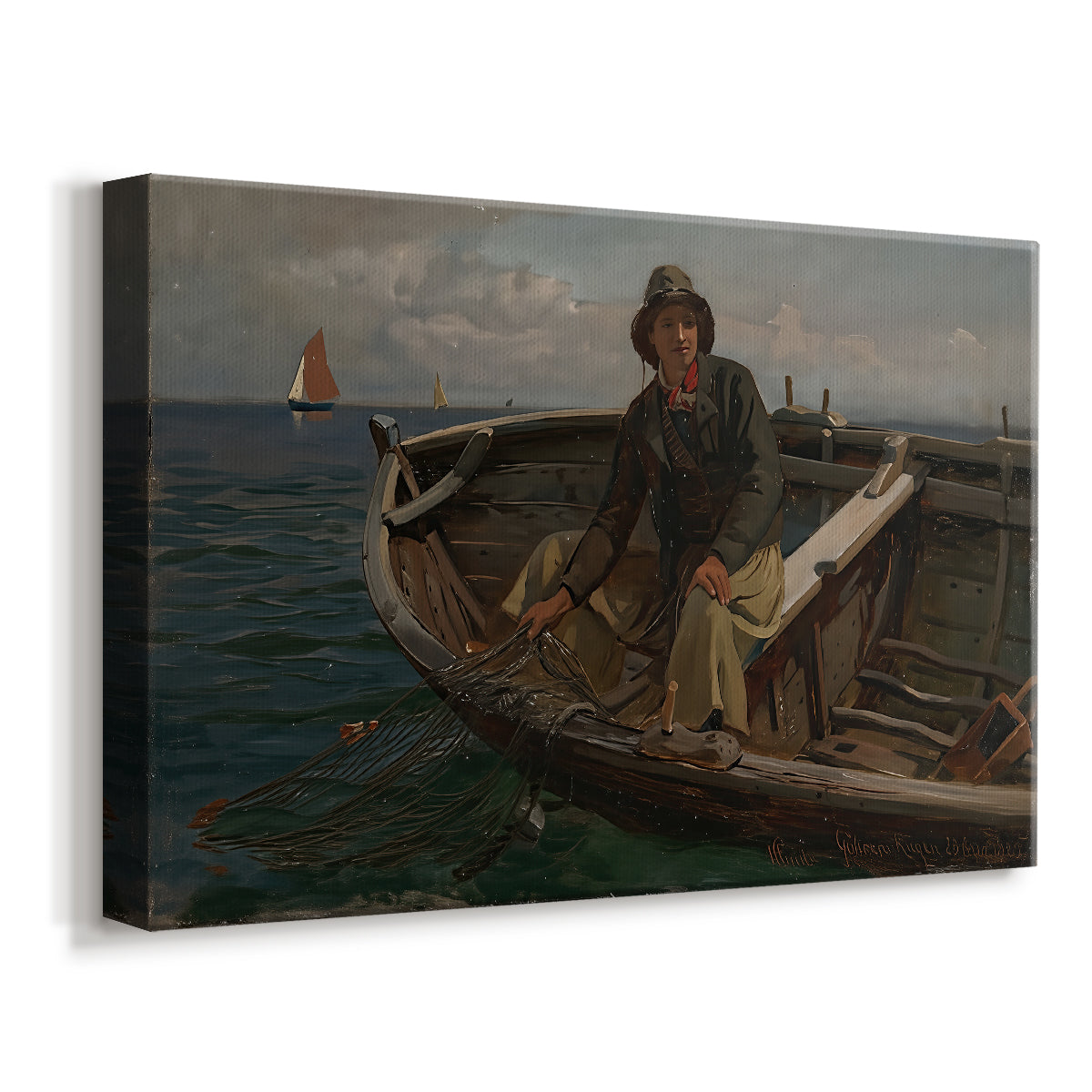 Canvas art print featuring a nautical scene with figures handling nets on boat, displayed at an angle