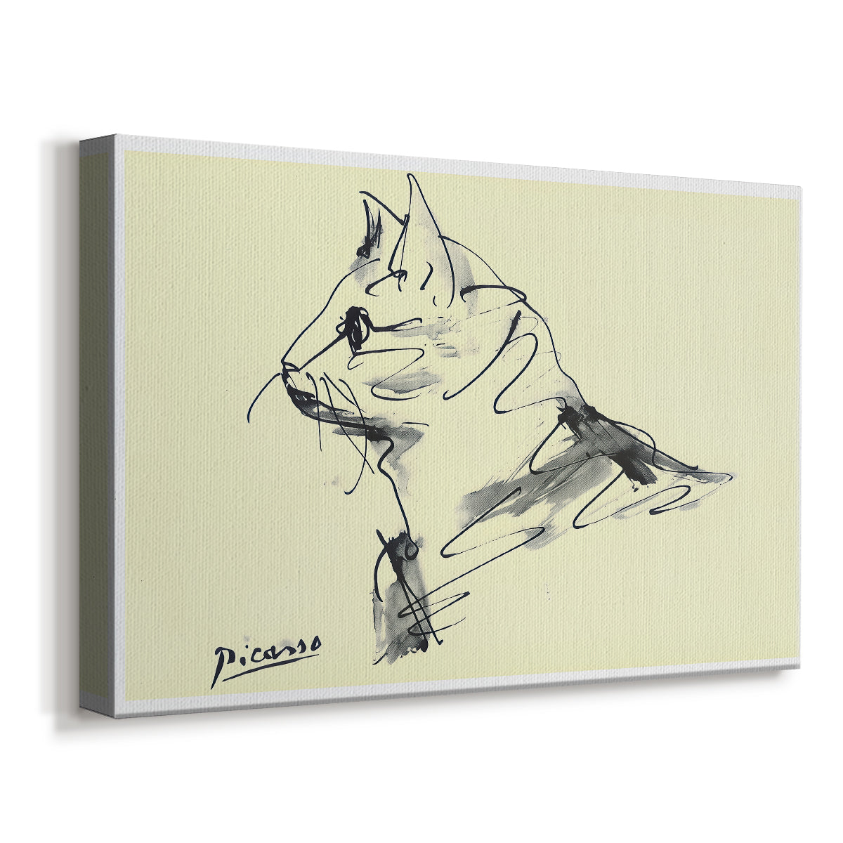 Canvas art print featuring a sketch-style feline depiction, displayed at an angle