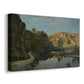 Canvas art print featuring a natural landscape with water and elevated rock formations, displayed at an angle