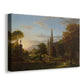 Canvas art print featuring a figures approaching settlement within expansive landscape under warm light, displayed at an angle