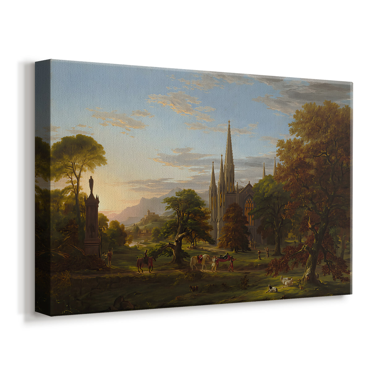 Canvas art print featuring a figures approaching settlement within expansive landscape under warm light, displayed at an angle