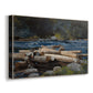 Canvas art print featuring an inland water scene with gentle current and surrounding land, displayed at an angle