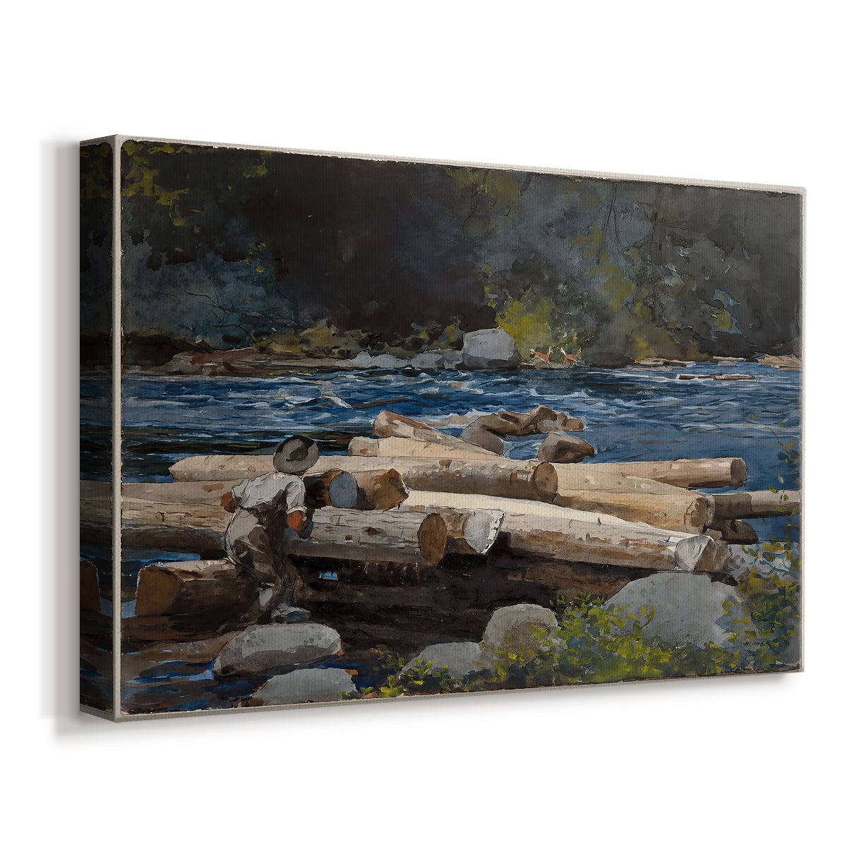 Canvas art print featuring an inland water scene with gentle current and surrounding land, displayed at an angle