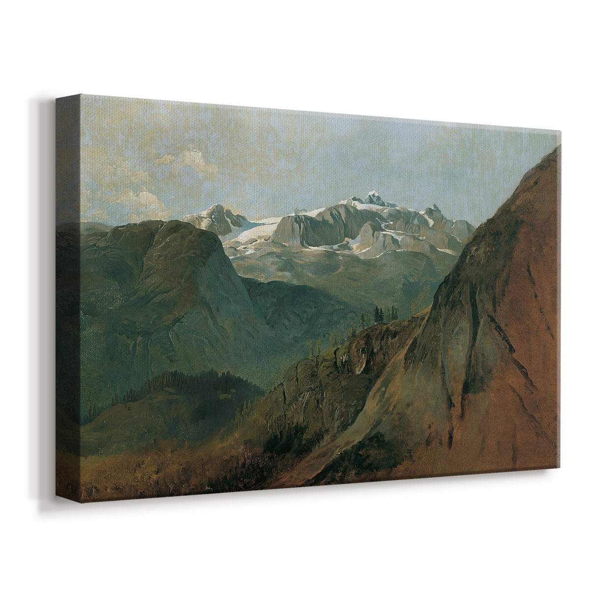 Canvas art print featuring an alpine scene with elevation, displayed at an angle