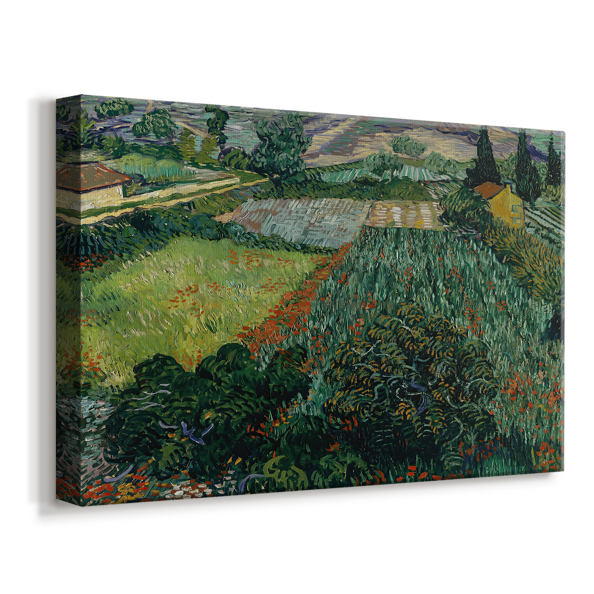 Canvas art print featuring an expressive landscape with flowers and open countryside, displayed at an angle