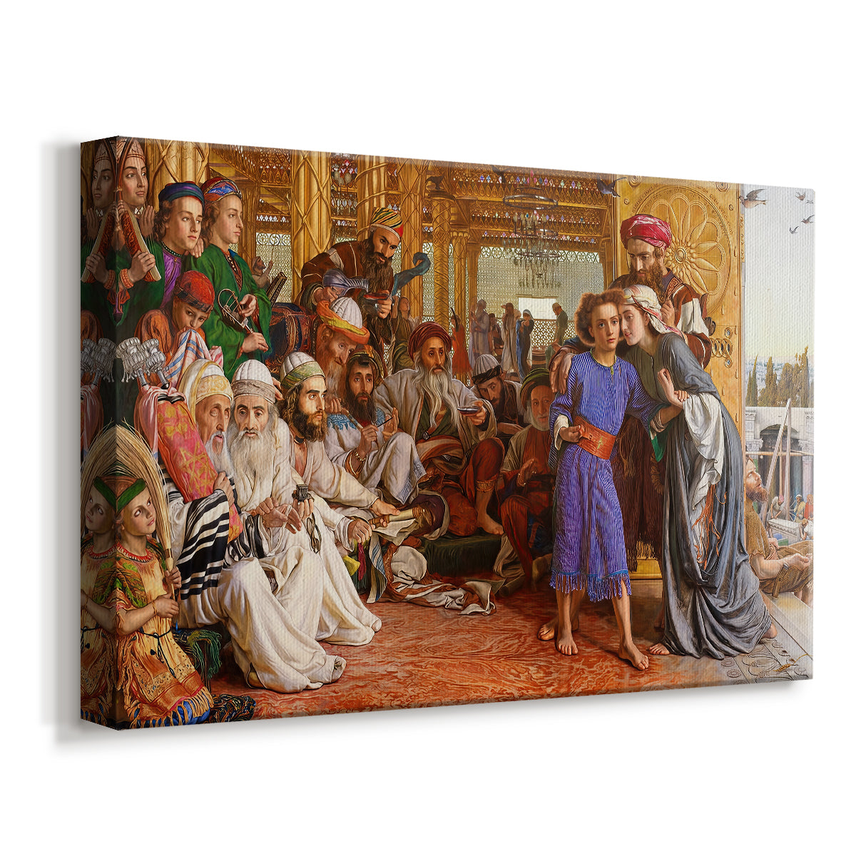 Canvas art print featuring a crowded temple scene with figures in robes surrounding central figure, displayed at an angle
