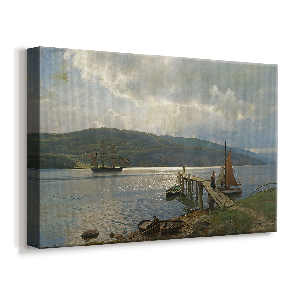 Canvas art print featuring a coastal pier scene with small boats and shoreline, displayed at an angle
