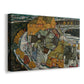 Canvas art print featuring a stylized townscape with clustered buildings and bold outlines, displayed at an angle