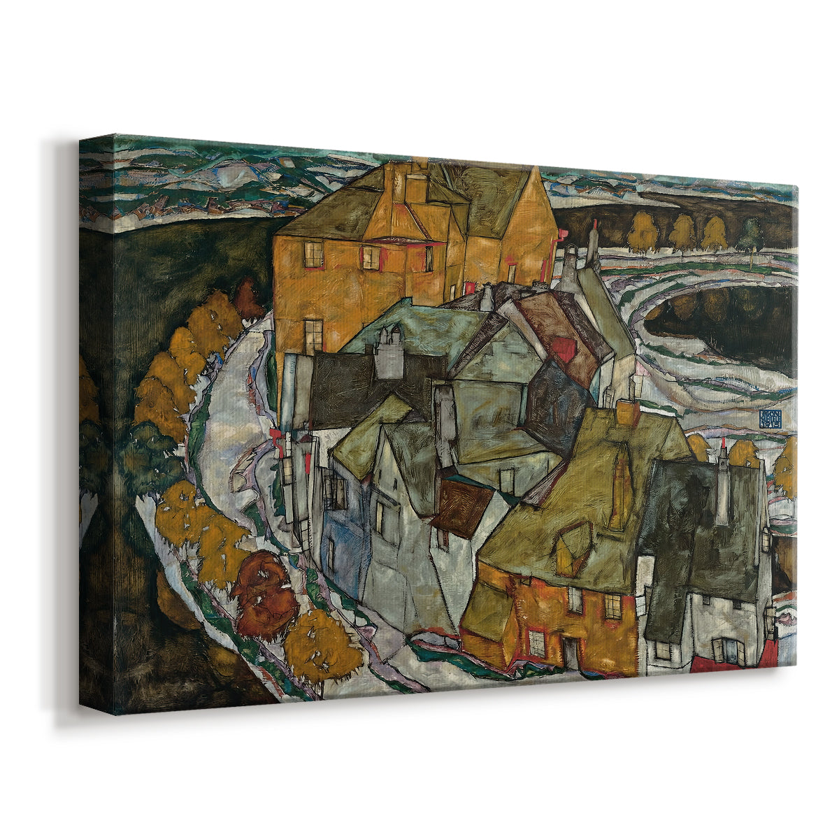 Canvas art print featuring a stylized townscape with clustered buildings and bold outlines, displayed at an angle