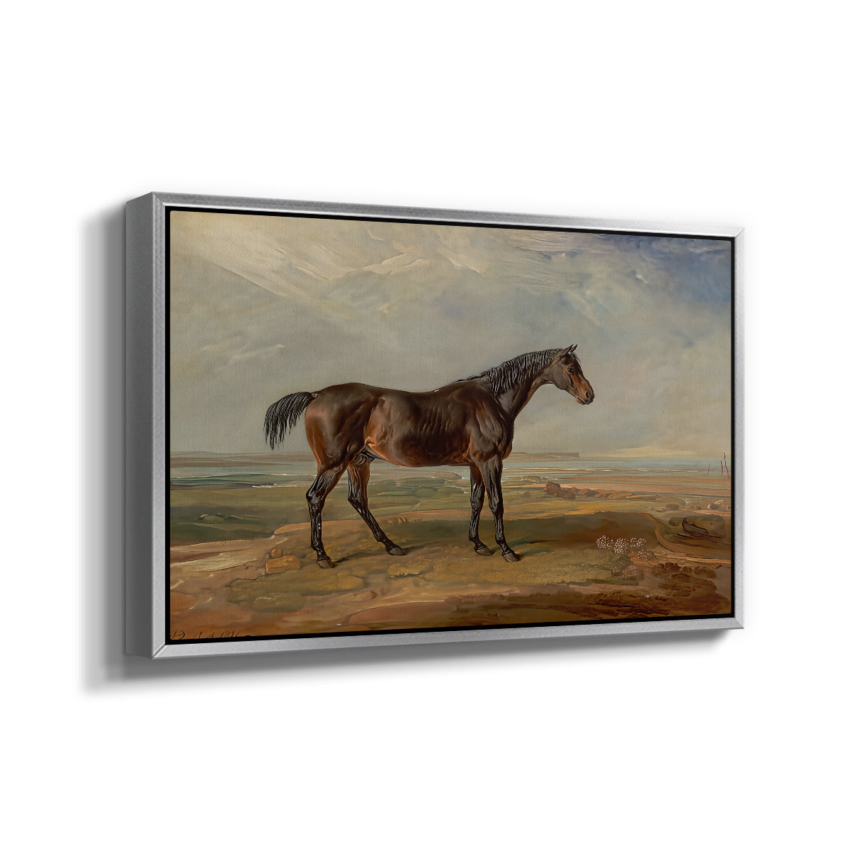 Dr. Syntax, a Bay Racehorse, Standing in a Coastal Landscape, an Estuary Beyond, c. 1820 - Floater Framed Canvas Print