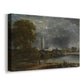 Canvas art print featuring an atmospheric landscape with church and reflection, displayed at an angle