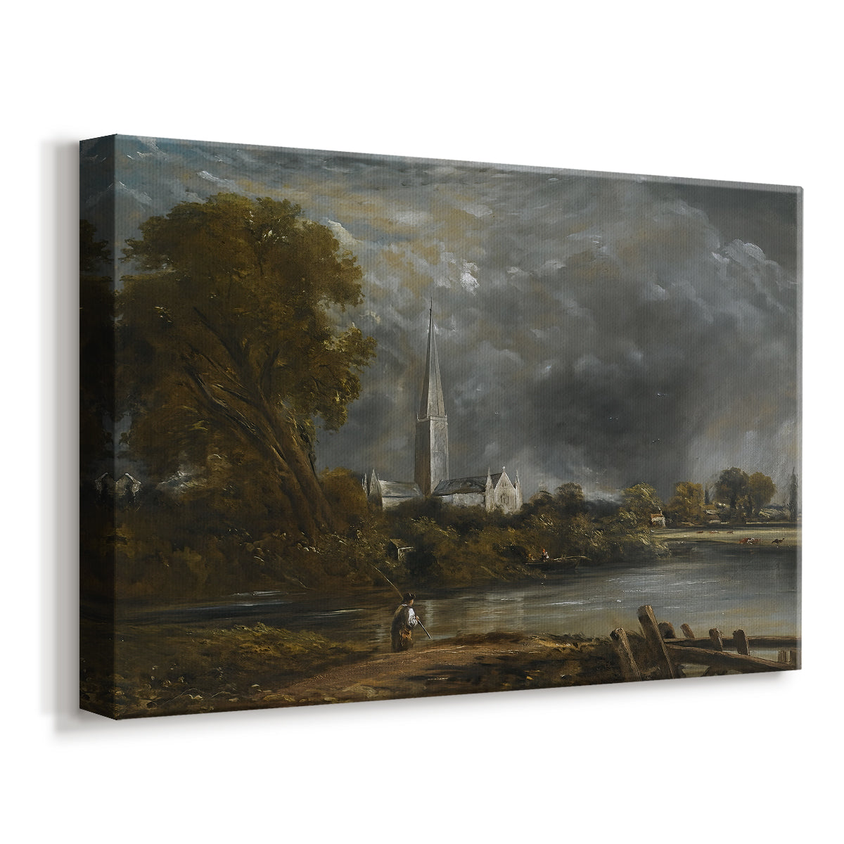 Canvas art print featuring an atmospheric landscape with church and reflection, displayed at an angle
