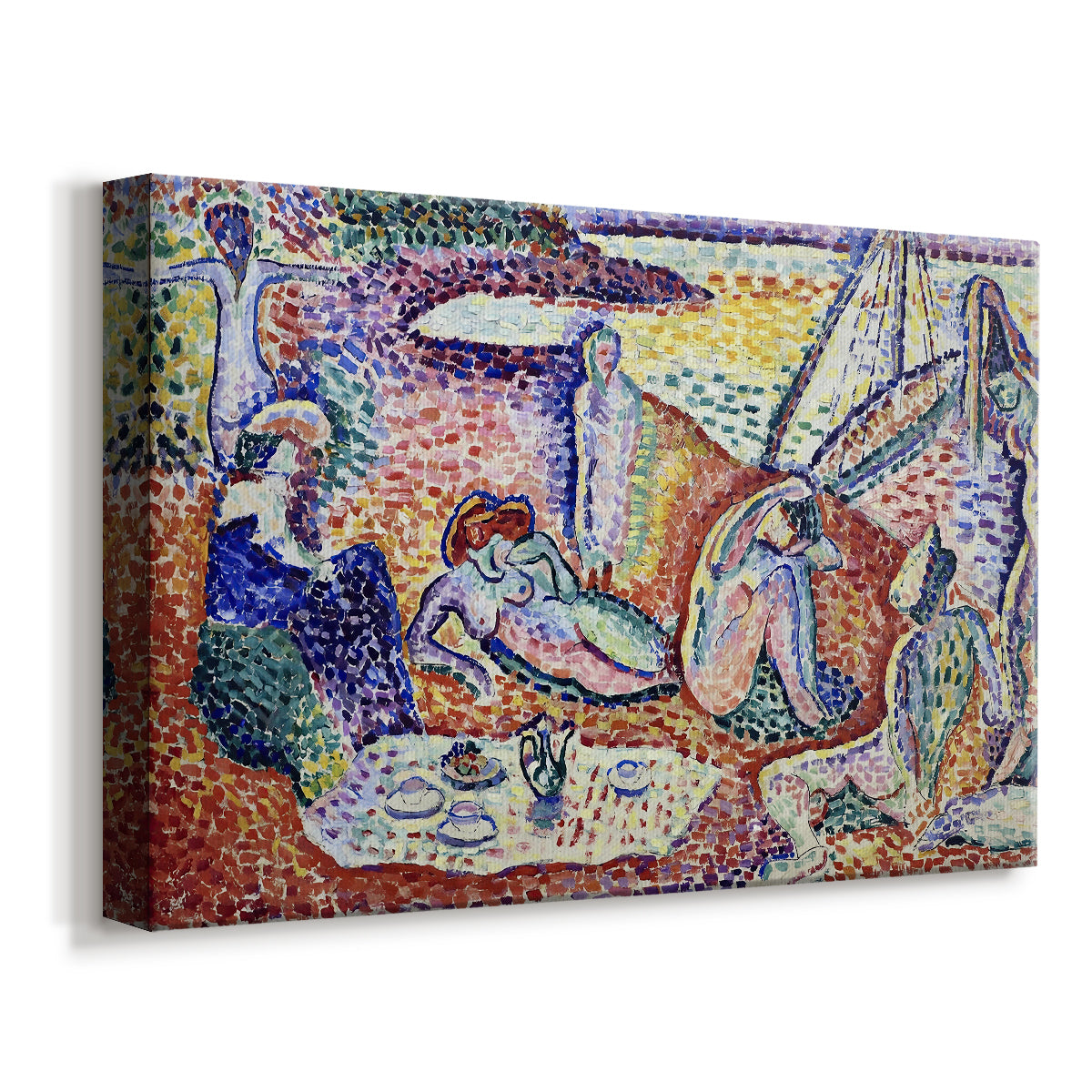 Canvas art print featuring a colorful leisure scene with figures in an open landscape, displayed at an angle