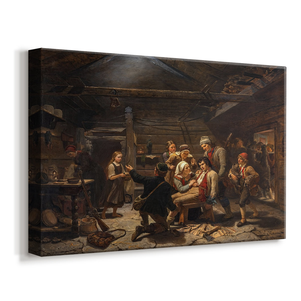 Canvas art print featuring a group of villagers celebrating a hunter's return inside a traditional wooden home, displayed at an angle