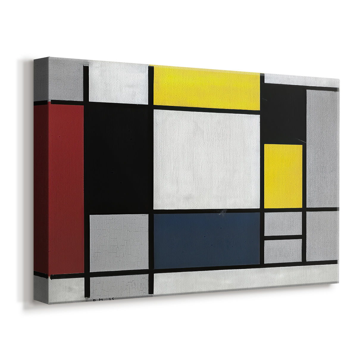Canvas art print featuring an abstract geometric composition with balanced color blocks, displayed at an angle