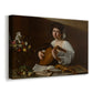 Canvas art print featuring a portrait of lute player surrounded by still life arrangement, displayed at an angle