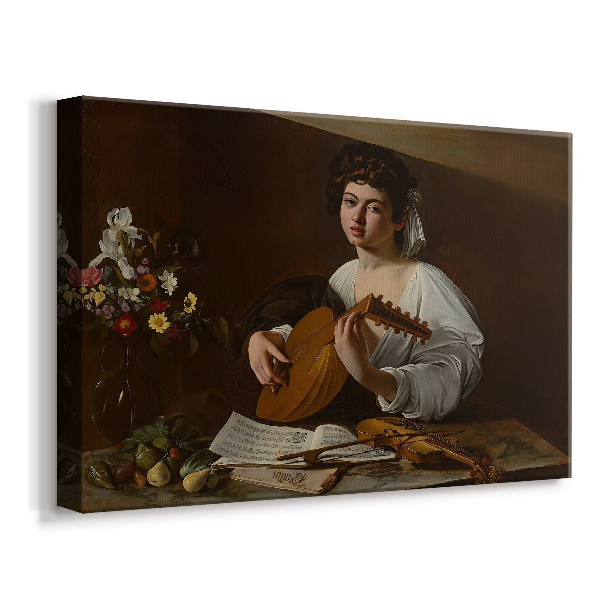Canvas art print featuring a portrait of lute player surrounded by still life arrangement, displayed at an angle