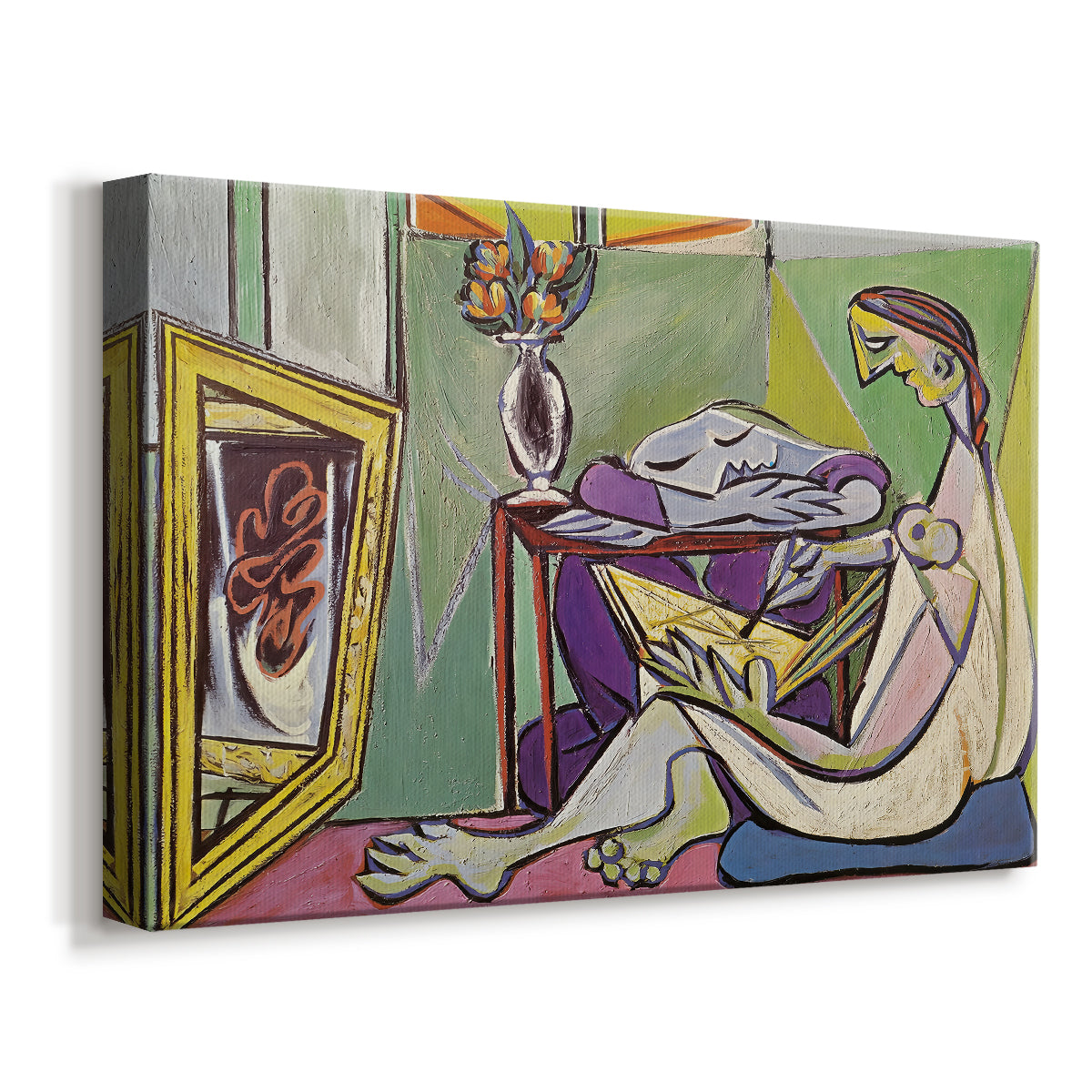 Canvas art print featuring a cubist portrait with fragmented elements, displayed at an angle