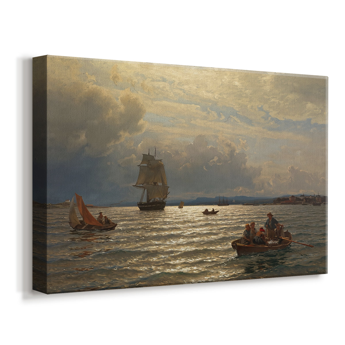 Canvas art print featuring a nautical scene of Oslo inlet with vessels and reflections, displayed at an angle