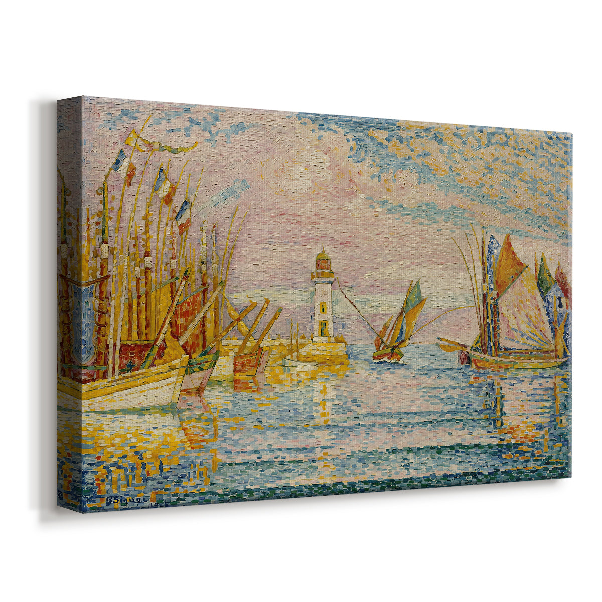 Canvas art print featuring a coastal scene with becon structure and vessels, displayed at an angle