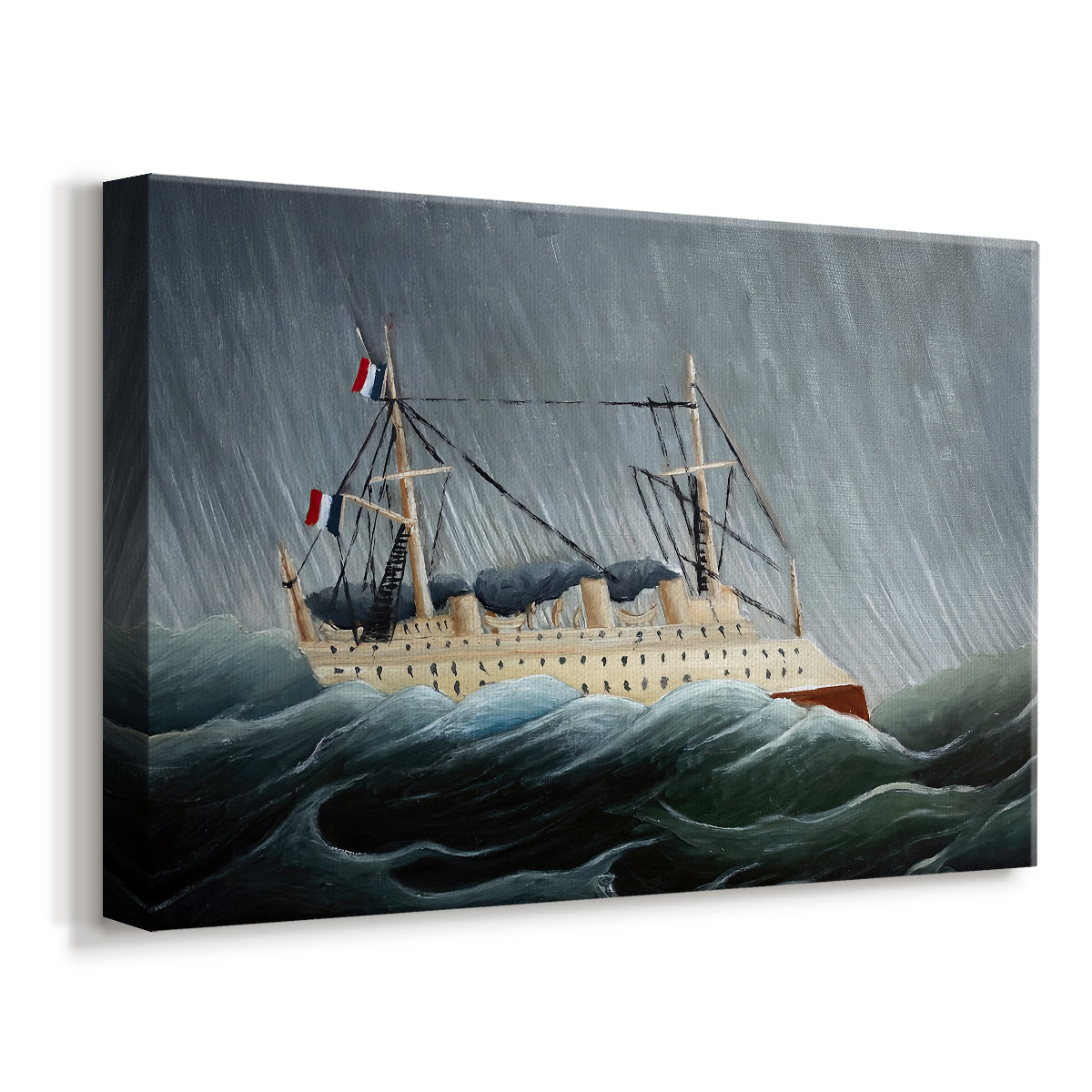 Canvas art print featuring a dramatic seascape with vessel navigating rough ocean, displayed at an angle