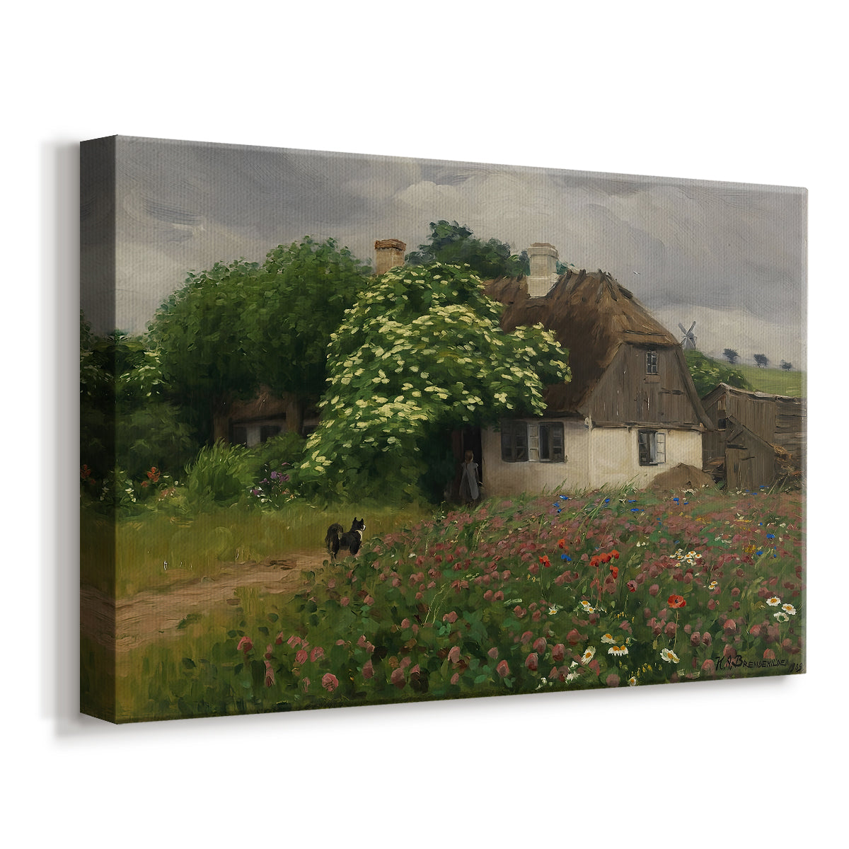 Canvas art print featuring a rural home set within blooming countryside landscape, displayed at an angle