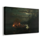 Canvas art print featuring a nighttime fishing scene with people in small boat on water, displayed at an angle