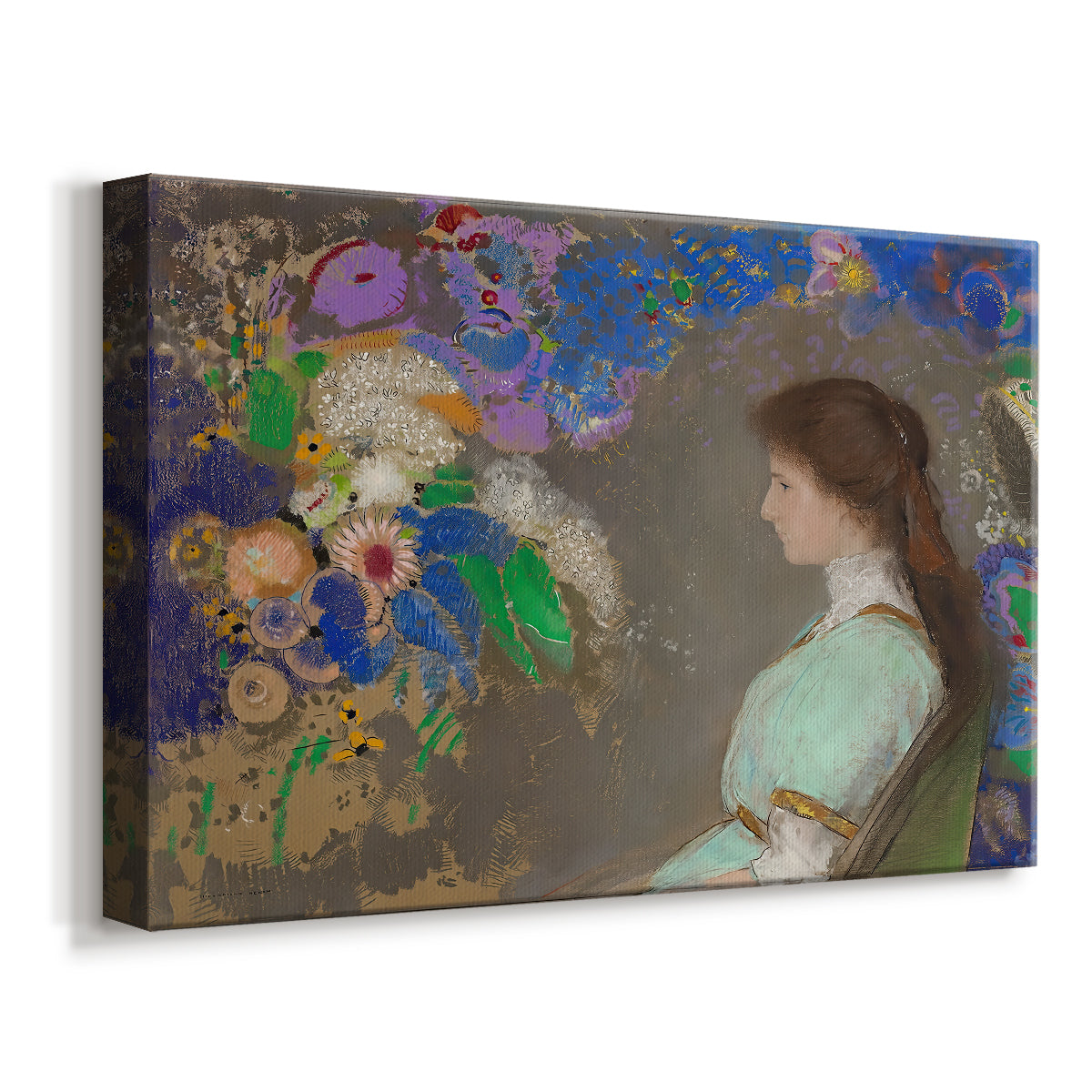 Canvas art print featuring a symbolic portrait with muted tones, displayed at an angle