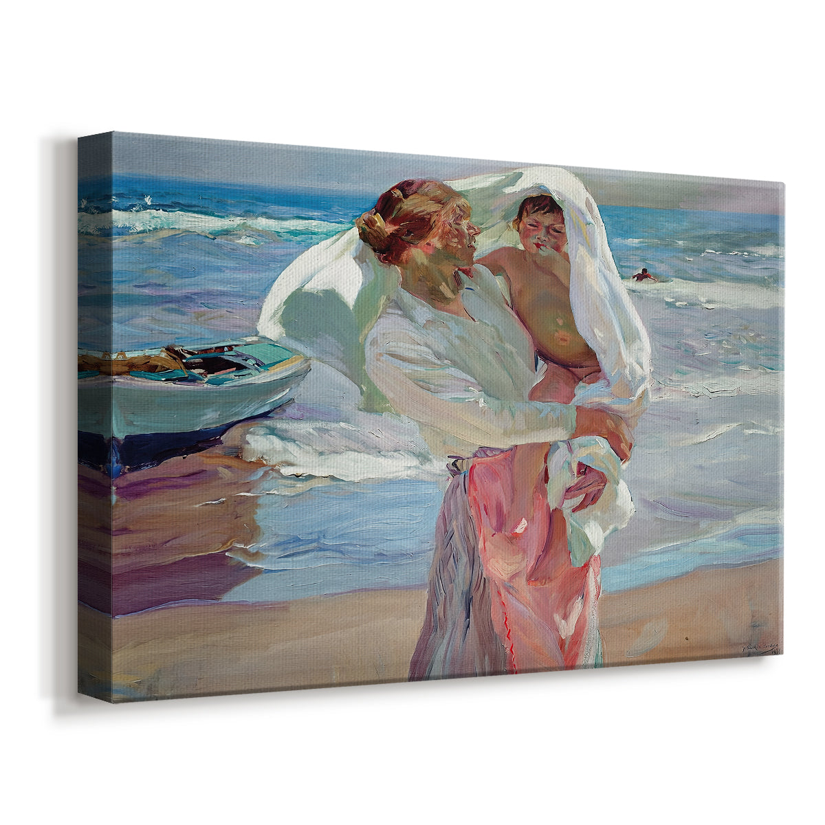 Canvas art print featuring a seaside scene with people near water in relaxed poses, displayed at an angle