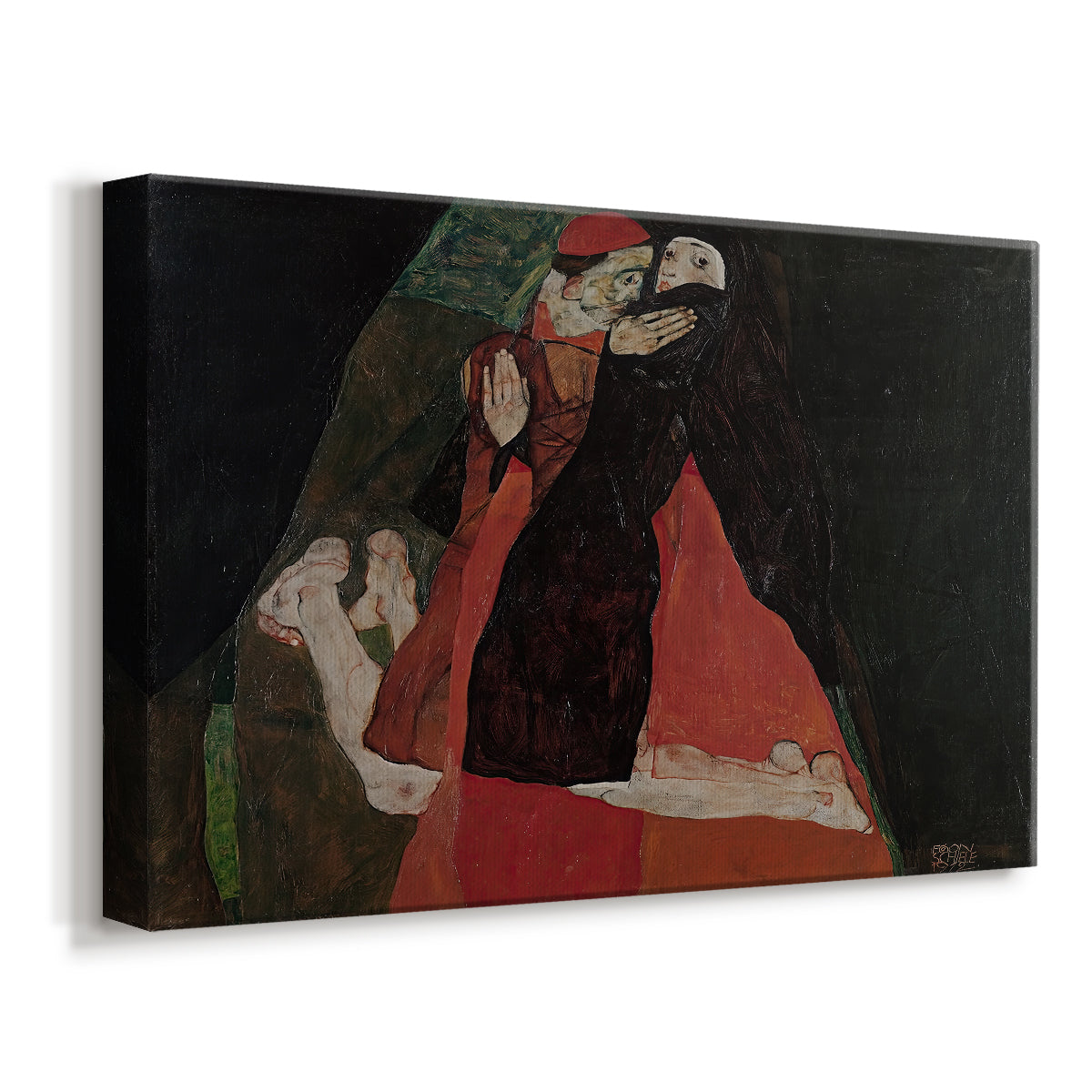 Canvas art print featuring a cardinal and nun depicted in close emotional interaction, displayed at an angle