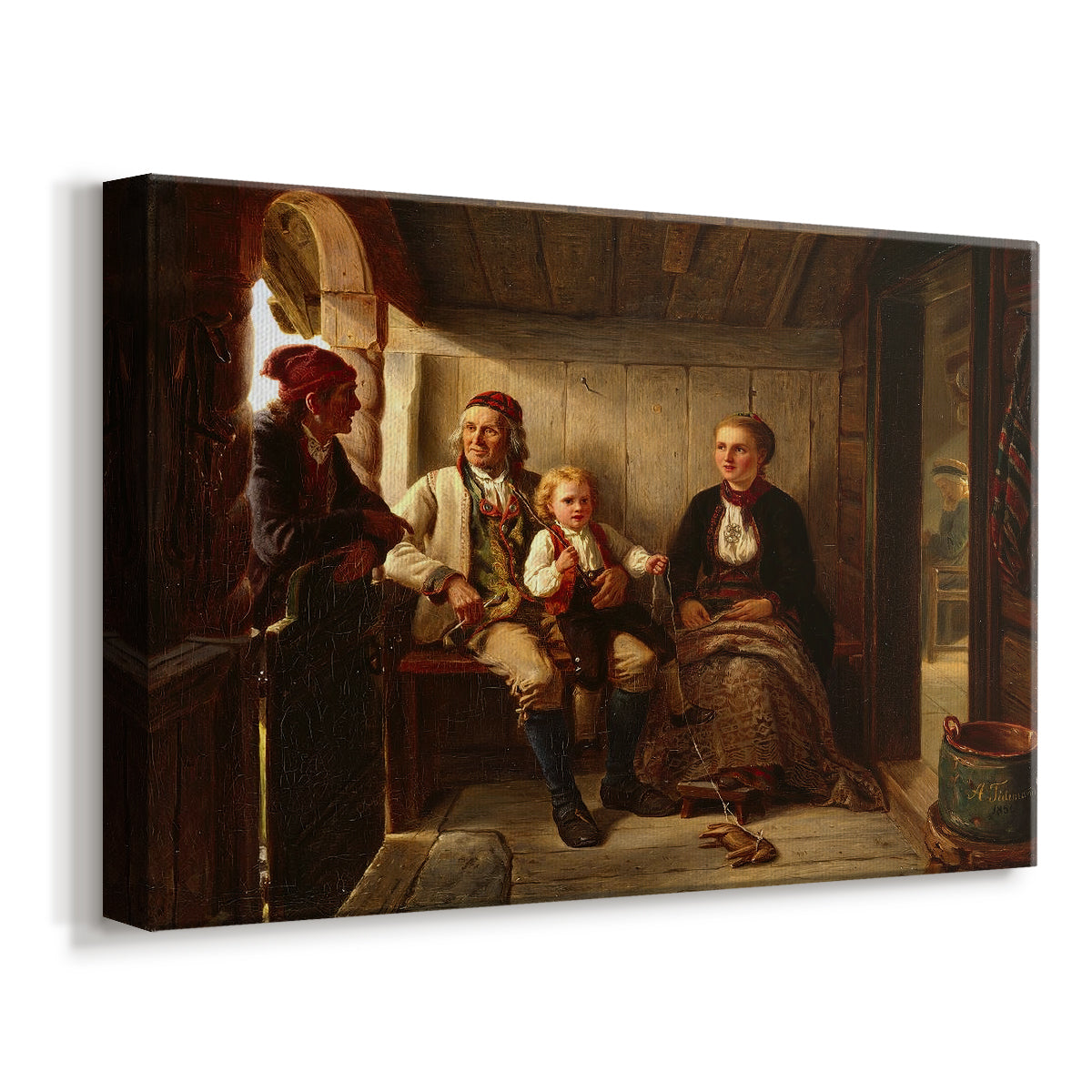 Canvas art print featuring a Norwegian farmhouse scene with neighbors socializing indoors around a table, displayed at an angle