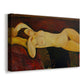 Canvas art print featuring a modern nude figure posed horizontally with simplified facial features, displayed at an angle