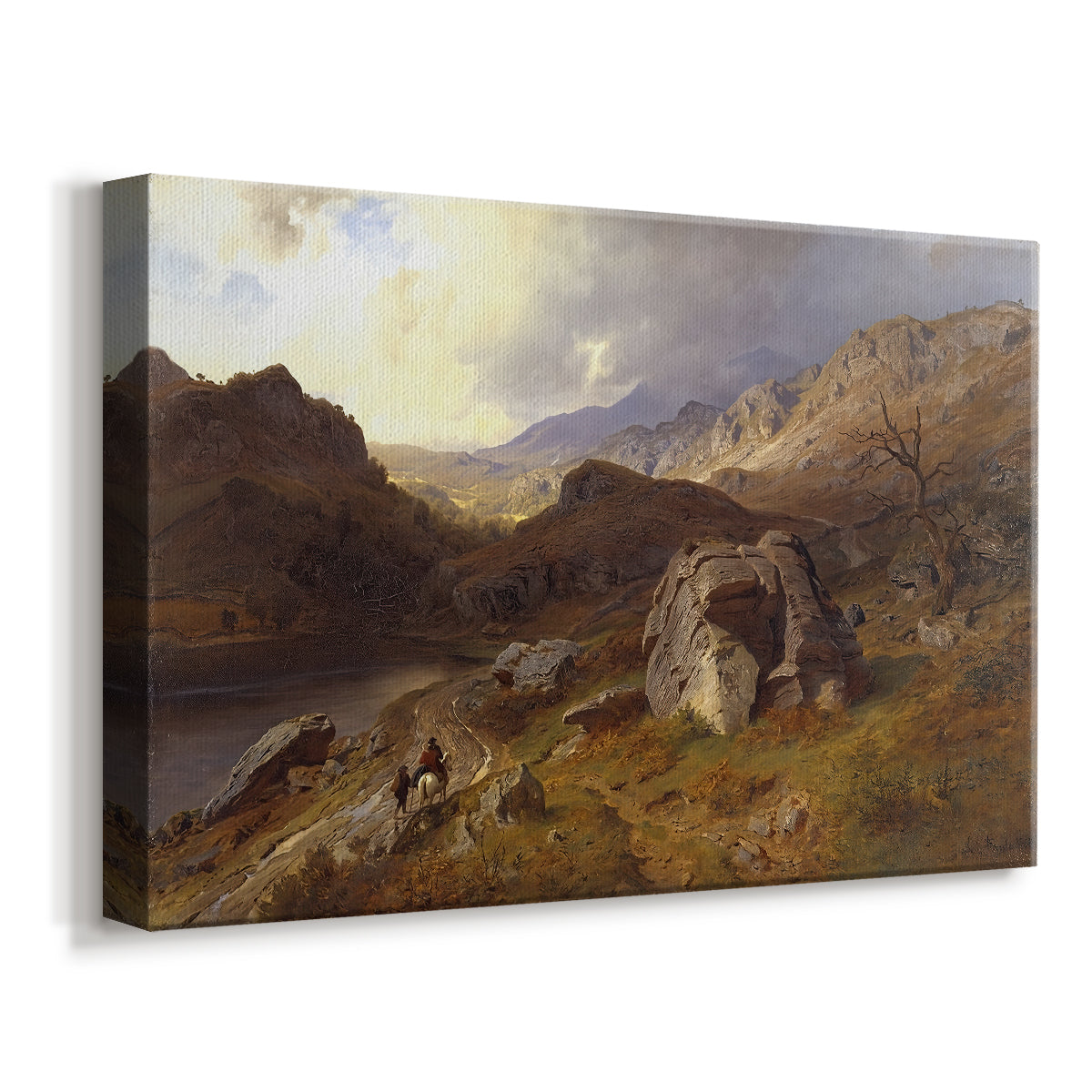 Canvas art print featuring a scenic countryside with mountains and winding waterway, displayed at an angle