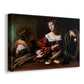 Canvas art print featuring a biblical scene of Martha speaking to Mary Magdalene indoors, displayed at an angle