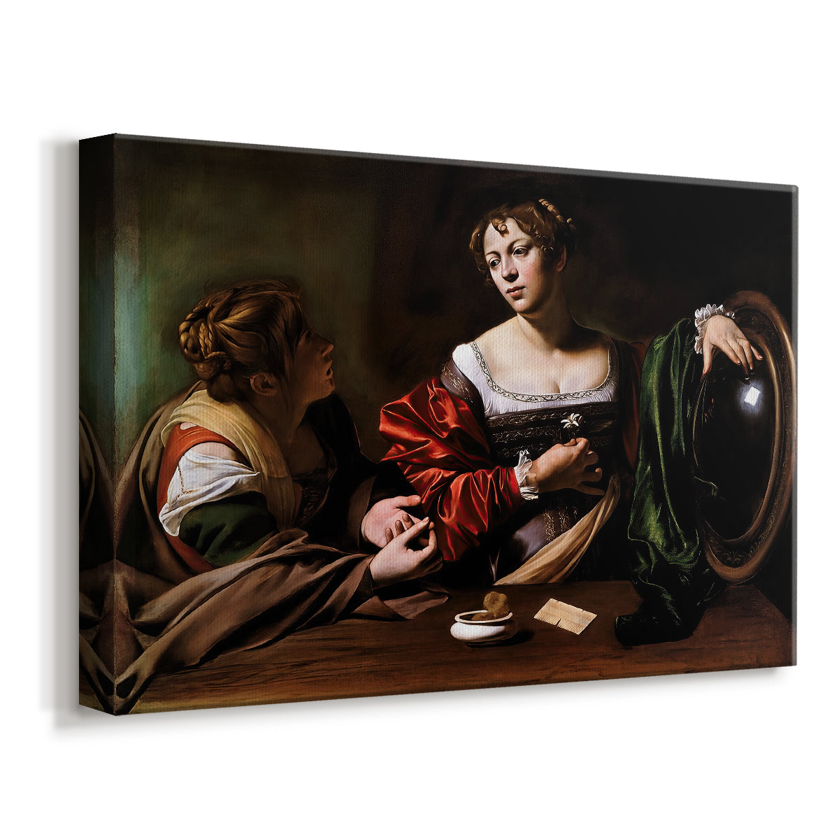 Canvas art print featuring a biblical scene of Martha speaking to Mary Magdalene indoors, displayed at an angle