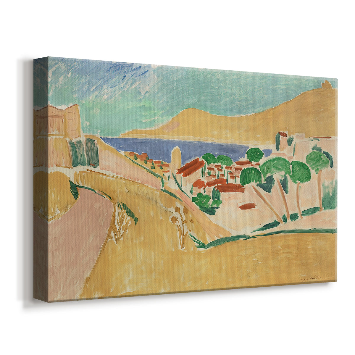 Canvas art print featuring a Fauvist landscape with bold color blocks and seaside view, displayed at an angle