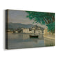 Canvas art print featuring a serene urban landscape with shoreline and architecture, displayed at an angle