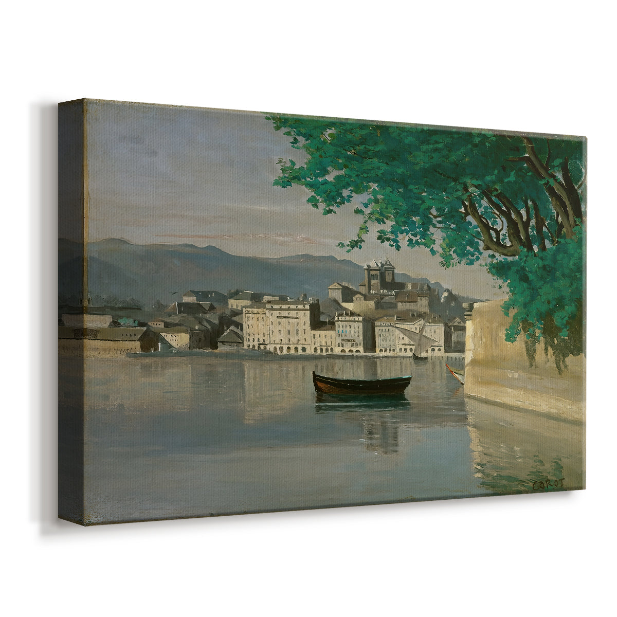 Canvas art print featuring a serene urban landscape with shoreline and architecture, displayed at an angle