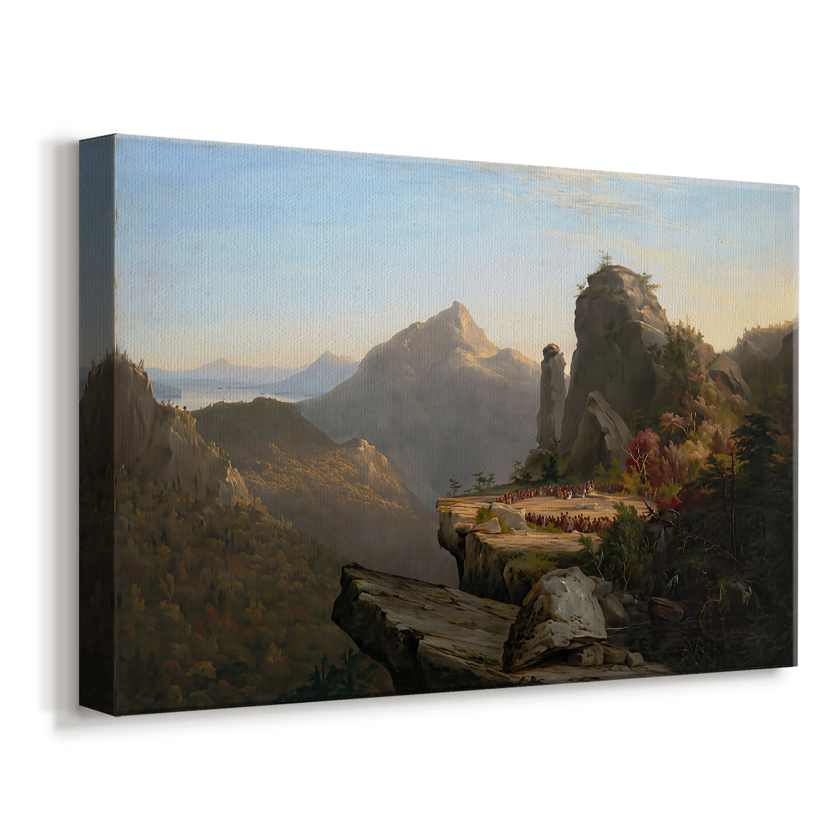 Canvas art print featuring a romantic wilderness scene with figures moving through dramatic terrain, displayed at an angle