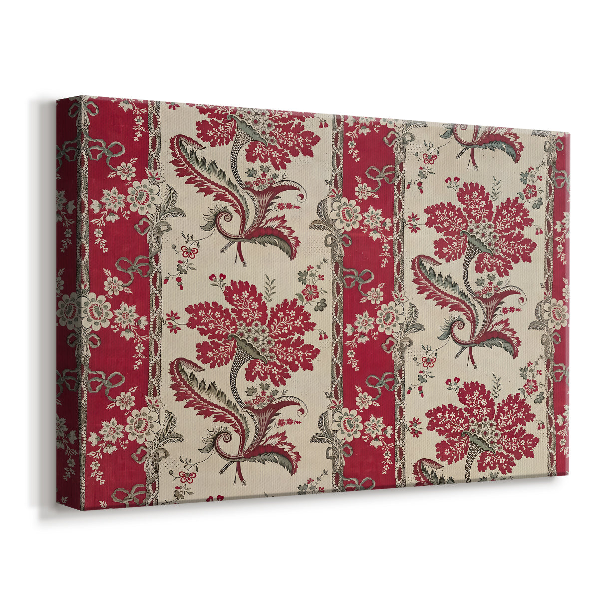 Canvas art print featuring an ornamental textile design with flowers arranged in structured clusters, displayed at an angle
