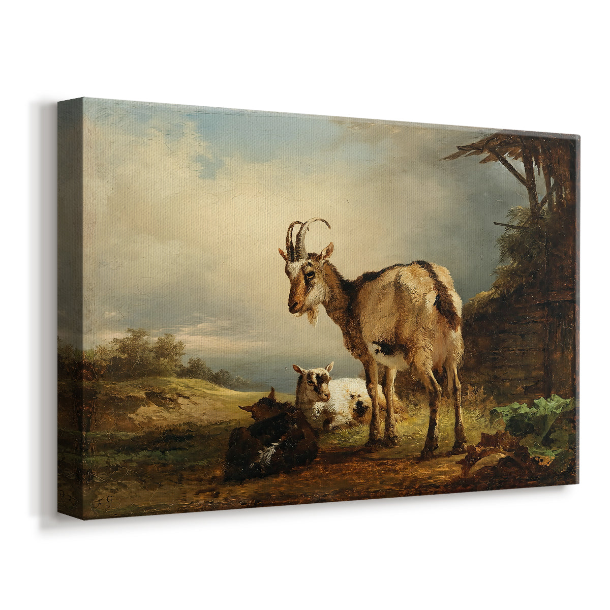 Canvas art print featuring a pastoral animal family scene, displayed at an angle