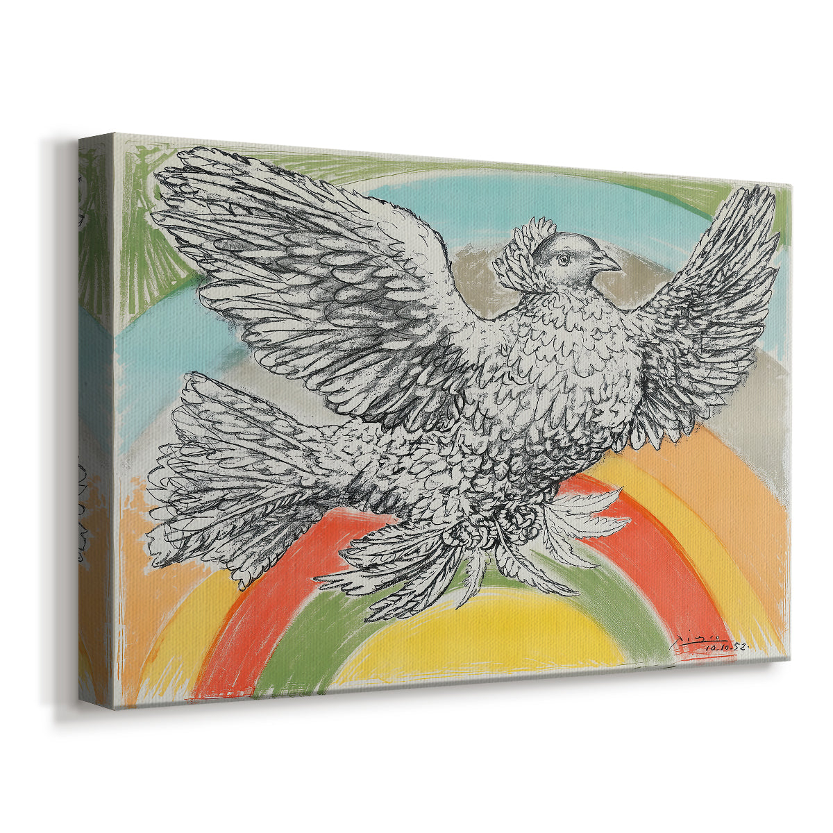 Canvas art print featuring a symbolic composition with bird and color bands, displayed at an angle