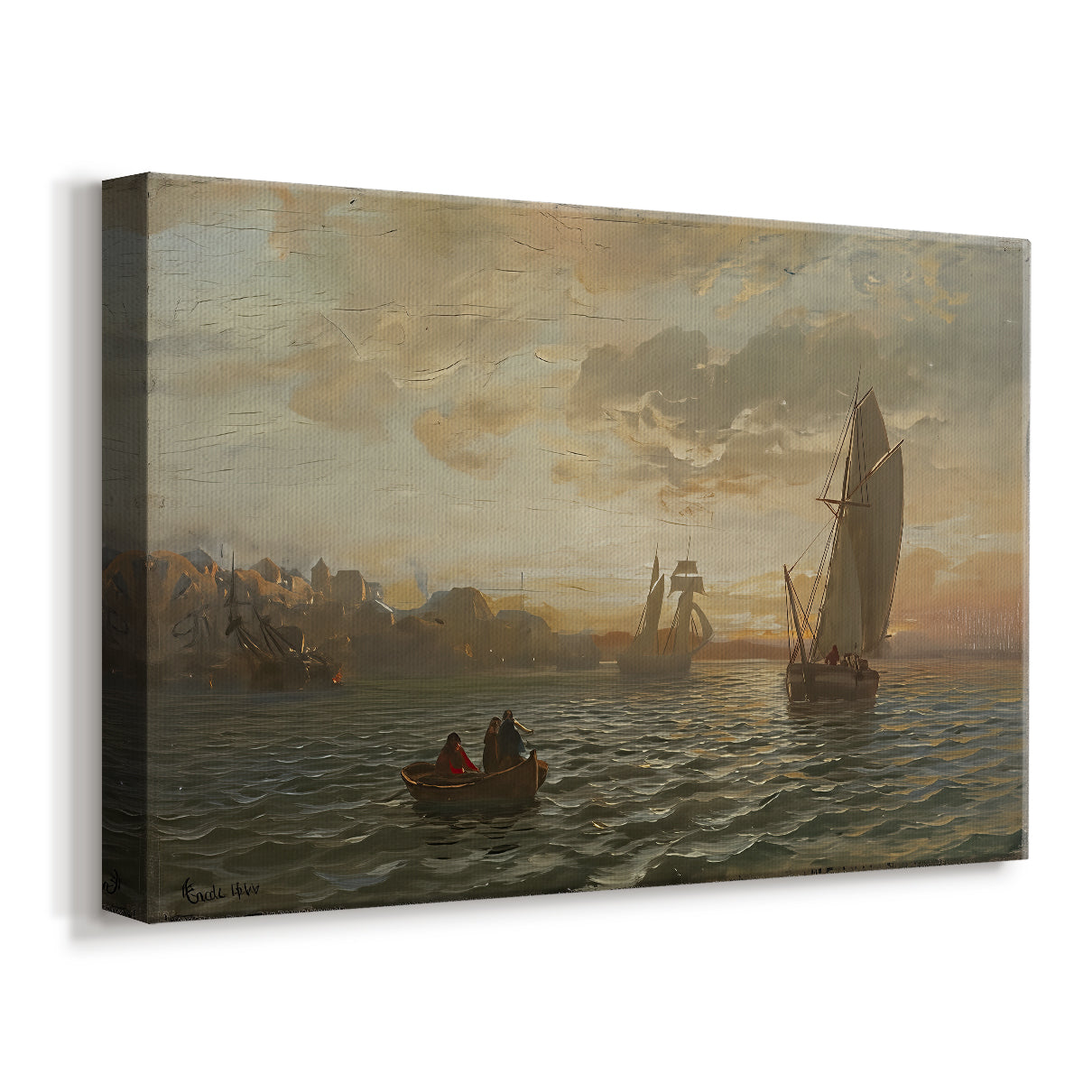 Canvas art print featuring a maritime view with layered shoreline and calm water, displayed at an angle