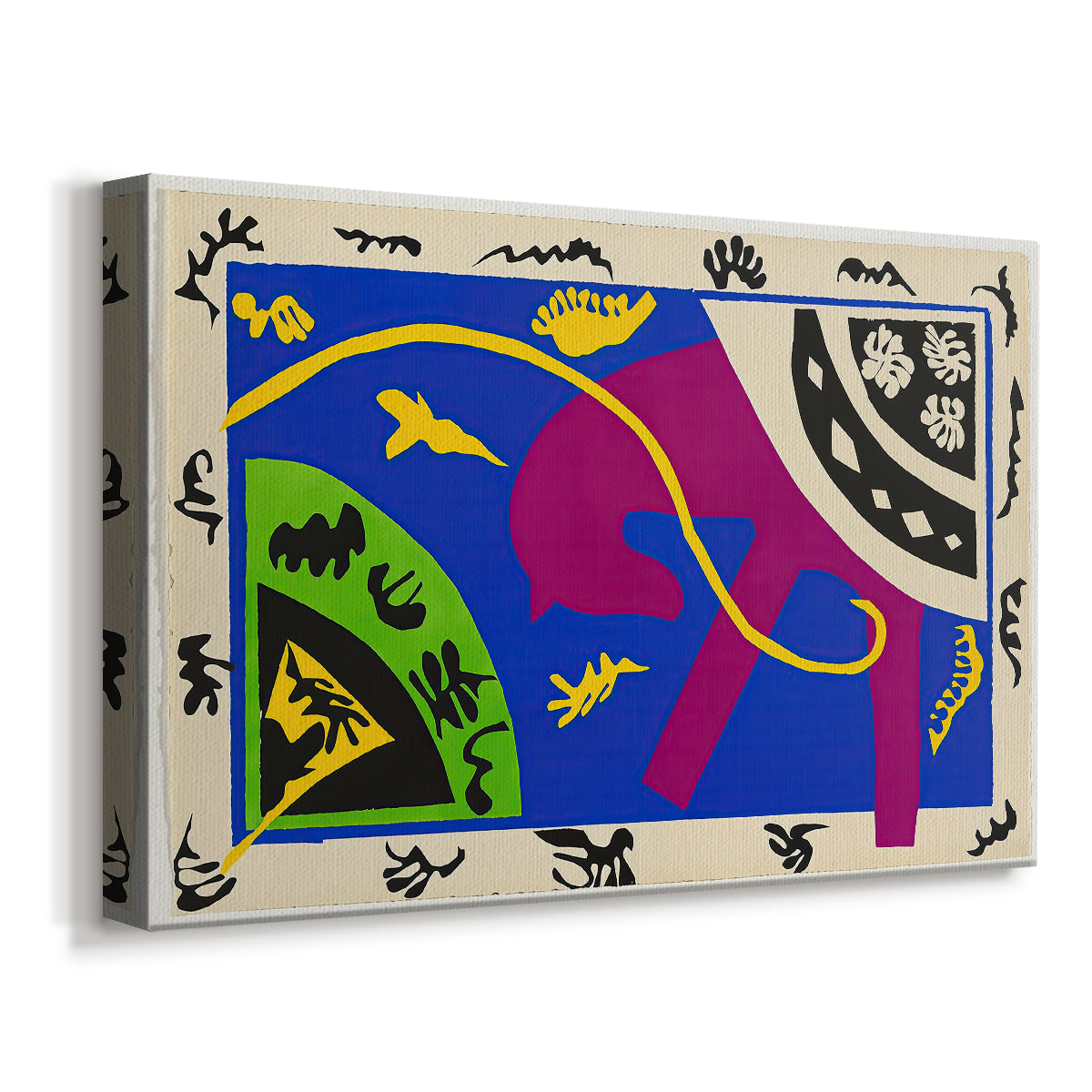 Canvas art print featuring a modernist collage combining animal and performer forms, displayed at an angle