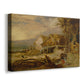 Canvas art print featuring a rustic mill building with waterwheel and surrounding nature, displayed at an angle