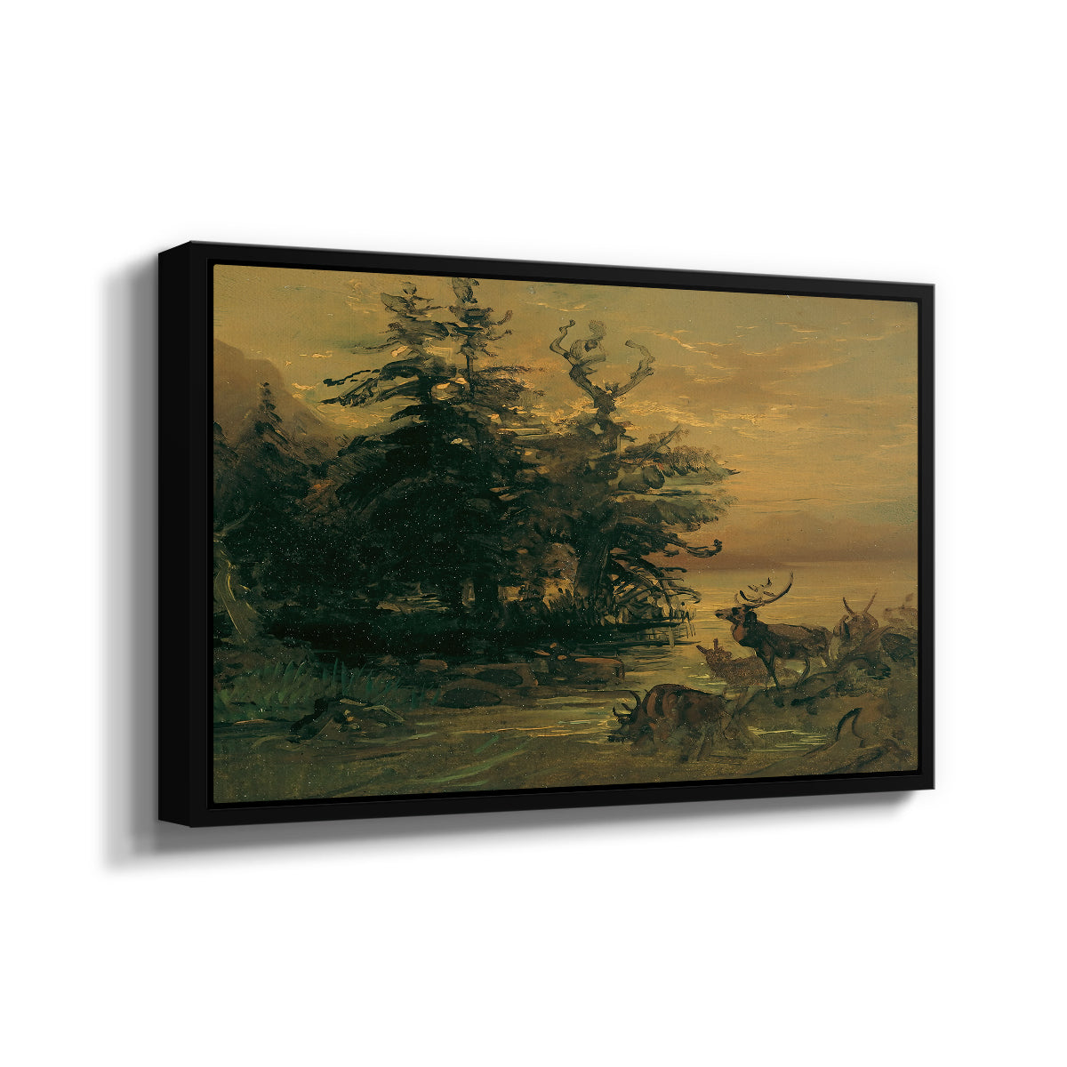 Wallowing Deer on the Shore of a Mountain Lake, c. 1850 - Floater Framed Canvas Print