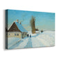 Canvas art print featuring a snowy village scene with figure clearing path near building, displayed at an angle