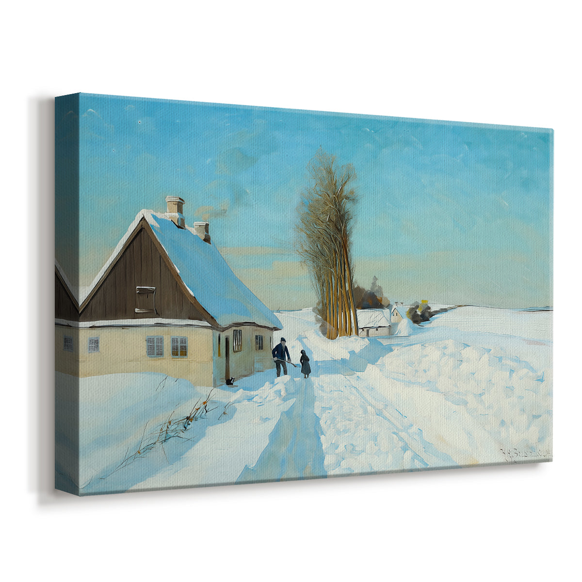 Canvas art print featuring a snowy village scene with figure clearing path near building, displayed at an angle