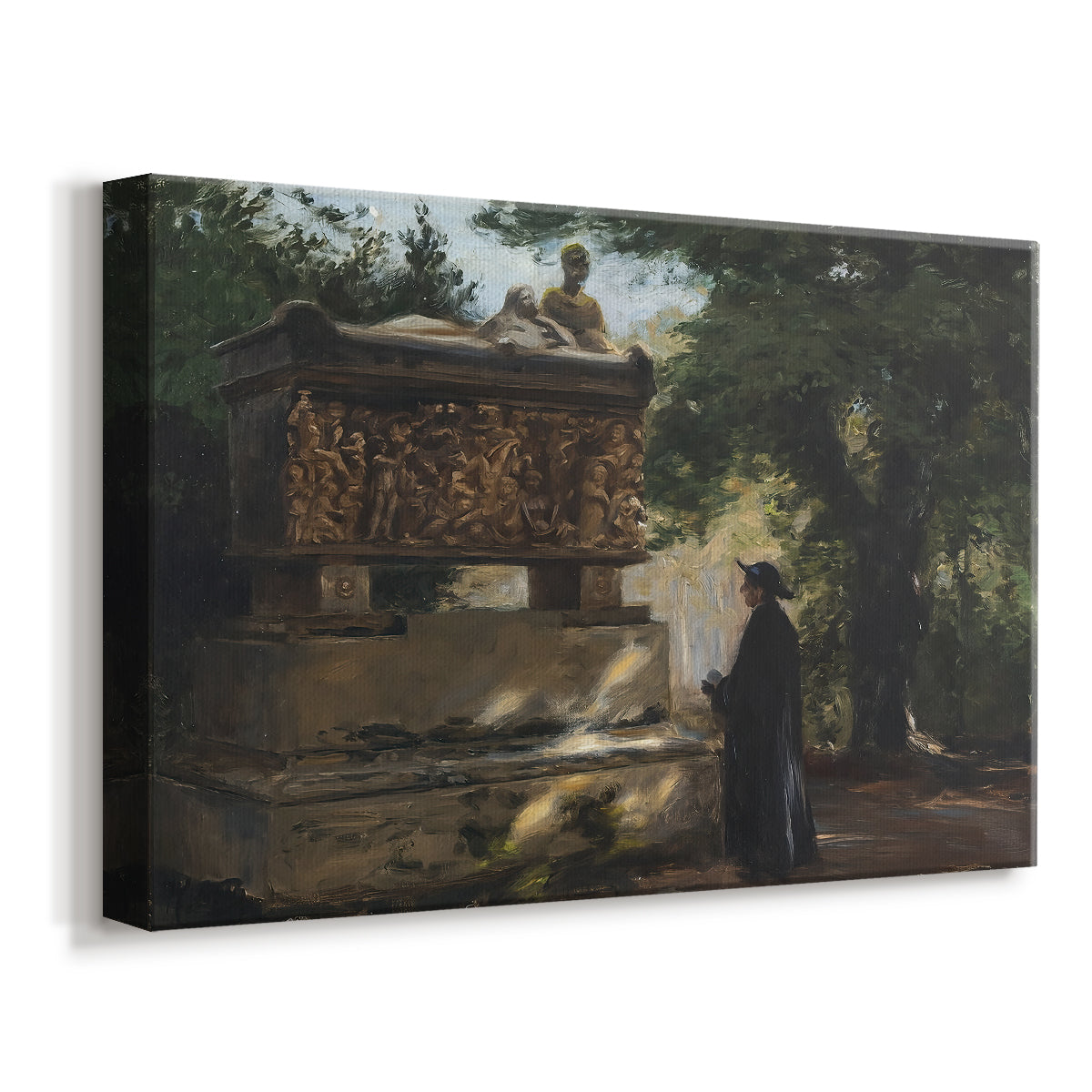 Canvas art print featuring a religious figure observing carved tomb in dim interior, displayed at an angle